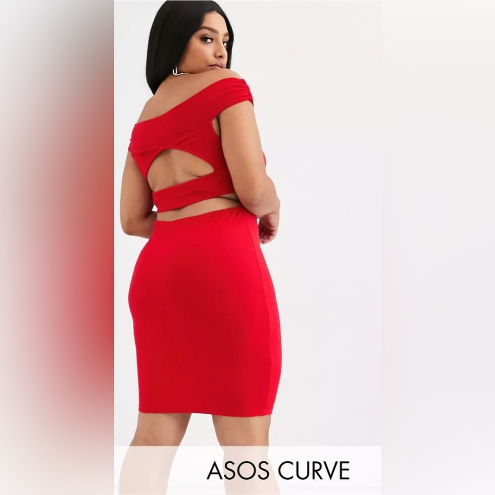 ASOS DESIGN Curve Back Cut Out, Off the Shoulder Red Dress